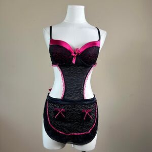 Y2K Gyaru Mcbling Hot Pink and Black Leopard Print Tie Maid Lingerie
